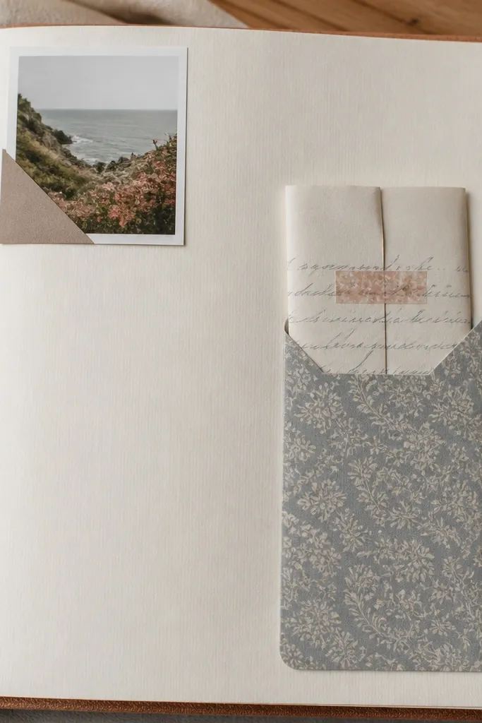 A page with a small side pocket on the right made from patterned paper. Inside is a folded handwritten note slip with a washi tape seal. A tiny photo is attached at the top left with a corner pocket.