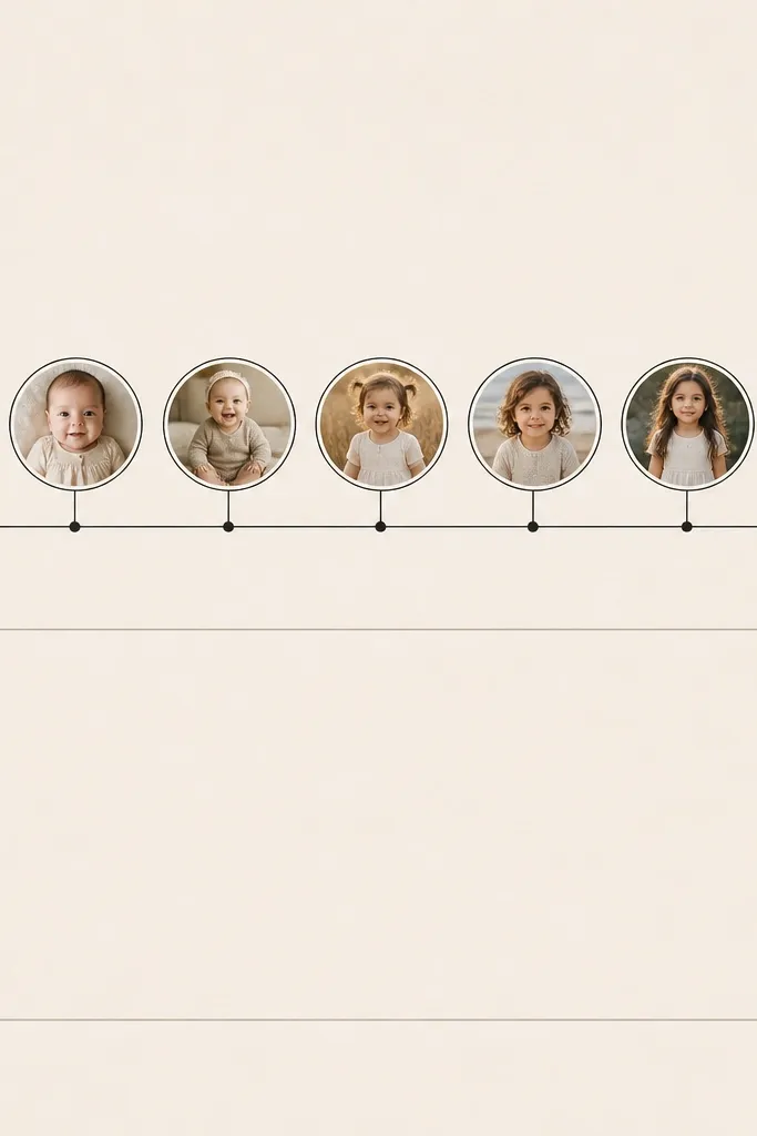 A cream page with a horizontal timeline line. Seven small circular photos are placed along the line with tiny date labels. The circles are held with thin black rings. A small journaling box sits at the bottom.