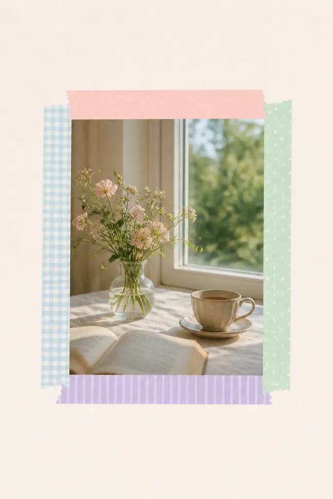 A pastel page with a single photo centered. The photo is framed by four strips of candy-colored washi tape on top edges like a window frame. Small handwritten notes sit in the corners. The rest of the page is mostly blank.