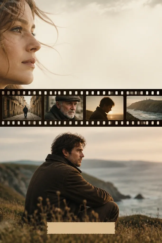 A page designed like a movie poster. A film strip runs horizontally across the center with tiny frames. A title is written in the top area. A borderless photo sits below the film strip, with a small "release date" tag.