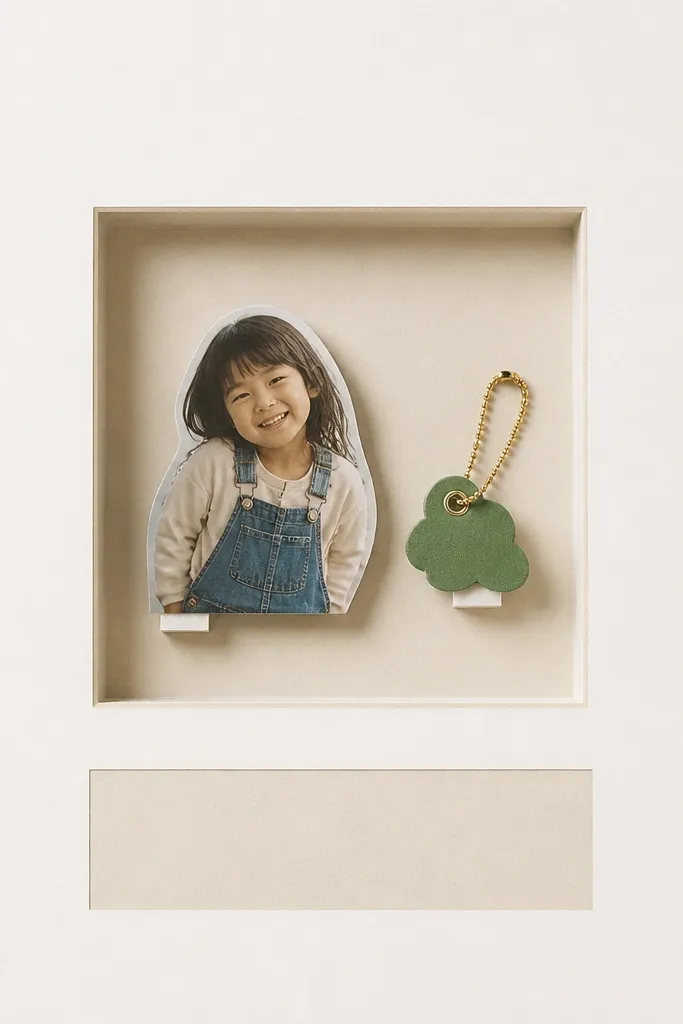 A page with a light background and a small "shadow box" area in the center. Flat foam squares lift a cutout photo and a tiny object like a keychain tag. The rest of the page is clean with a caption strip below.