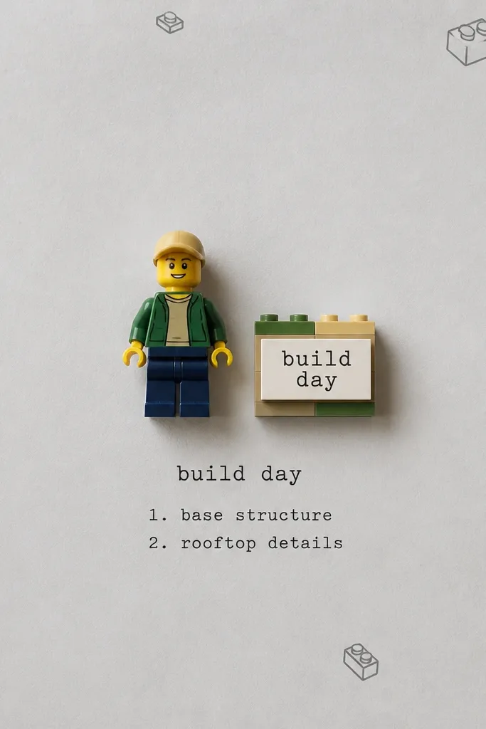 A page with a light grey base. A small Lego minifigure photo sits in the center, placed next to a tiny brick-built label. A caption reads "build day" and lists two items. Small brick icons are stamped around the edges.