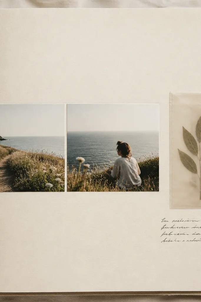A cream scrapbook page with a small pressed leaf sealed in a vellum sleeve at the right side. A photo strip of two images runs horizontally across the center. A handwritten caption sits below the leaf sleeve.
