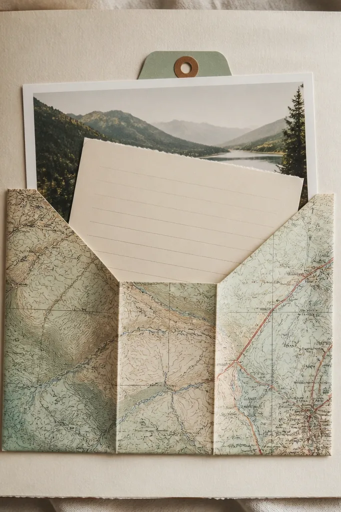 A page with a folded map postcard forming a pocket. An "open me" tab sticks out at the top. A photo sits behind the pocket, and journaling is on a small card inside.