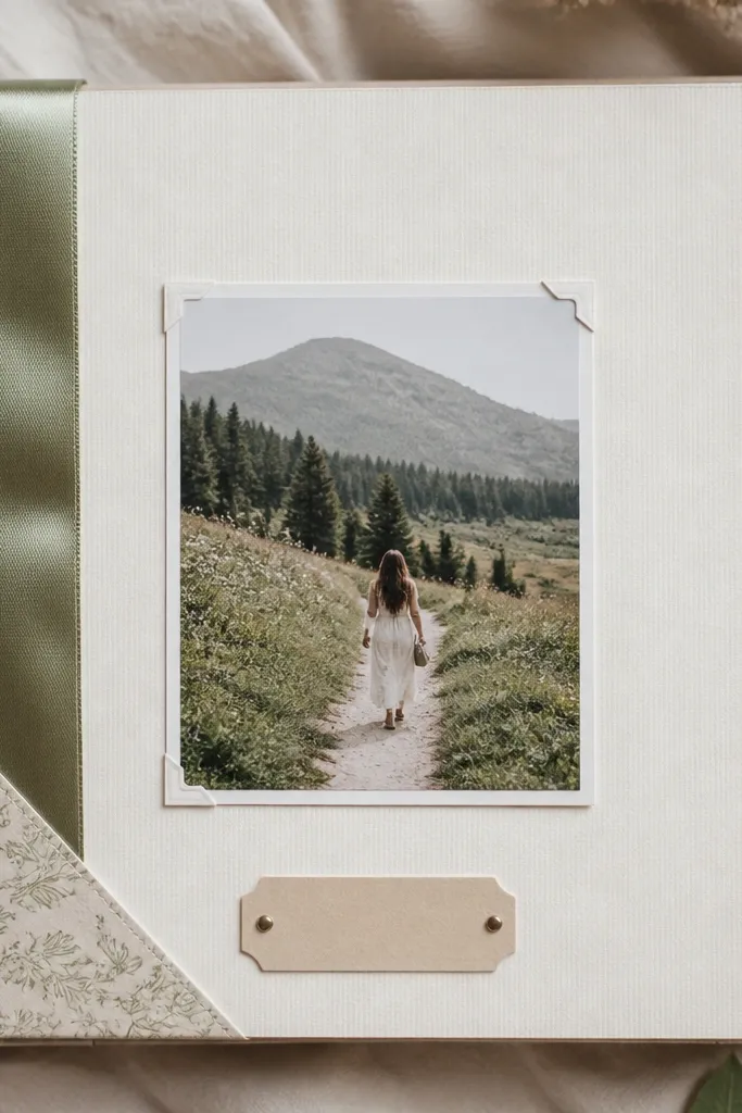 A scrapbook page with a satin ribbon bookmark attached vertically. A small photo is centered and a date tag sits at the bottom. The ribbon is tucked under a corner pocket so it doesn't snag.