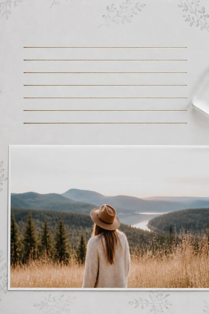 A light grey page with a faint stamped pattern. A clear acrylic block stamp overlay is used to create a subtle design. A photo sits in the bottom half with metallic pen journaling lines above it.