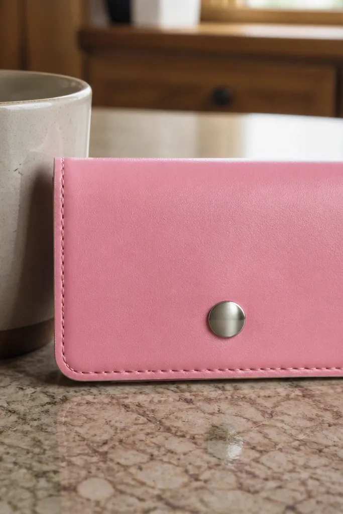 Bubblegum pink faux leather Altoids wallet with a centered snap closure and tidy edges