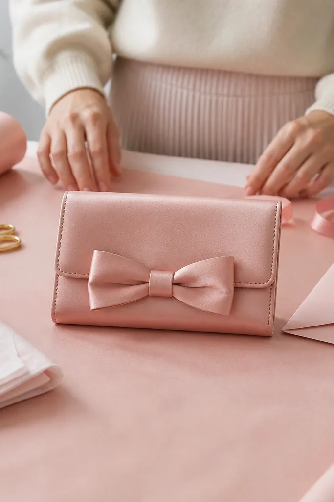 Pink satin ribbon bow on a neat pink Altoids wallet front with a flat closure