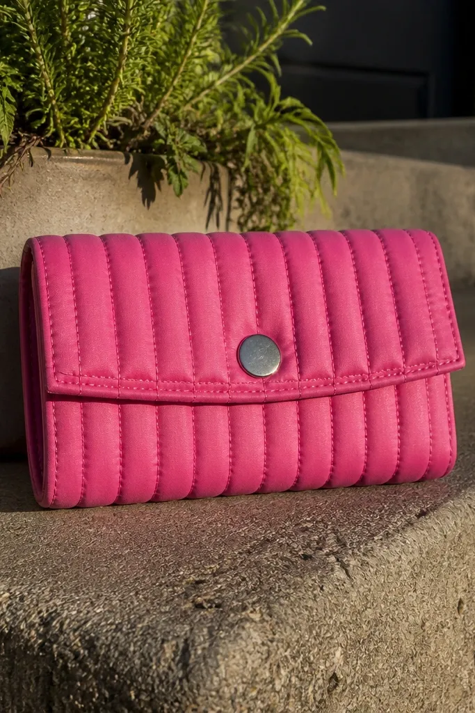 Hot pink quilted Altoids wallet with stitched channels and a smooth front panel