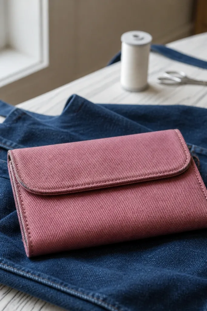 Dusty rose denim Altoids wallet with white topstitching along the edges