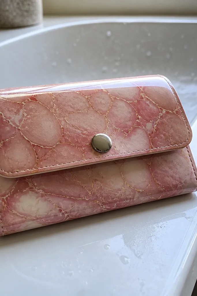 Pink marble vinyl Altoids wallet with glossy sealed edges and a simple snap