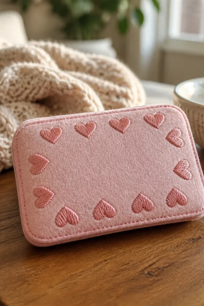 Powder pink felt Altoids wallet with an embroidered heart frame on the front