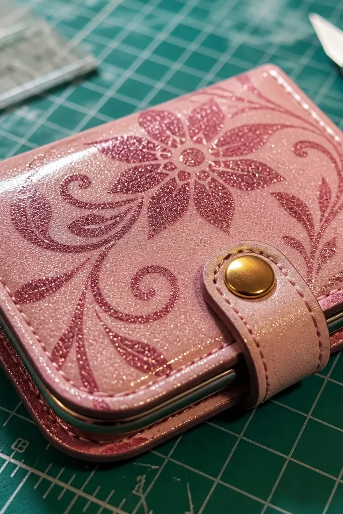 Pink glitter heat-transfer design on a pink Altoids wallet with a smooth clear top