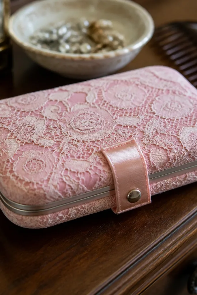 Pink lace overlay on a satin-backed Altoids wallet with a ribbon closure tab