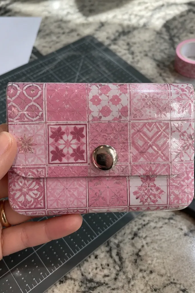 Pink washi tape tile pattern Altoids wallet with a smooth clear laminate top