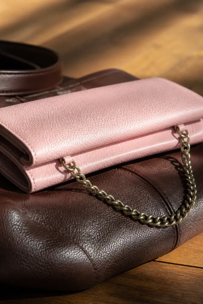 Pink fold-over Altoids wallet with a small chain strap and snap closure