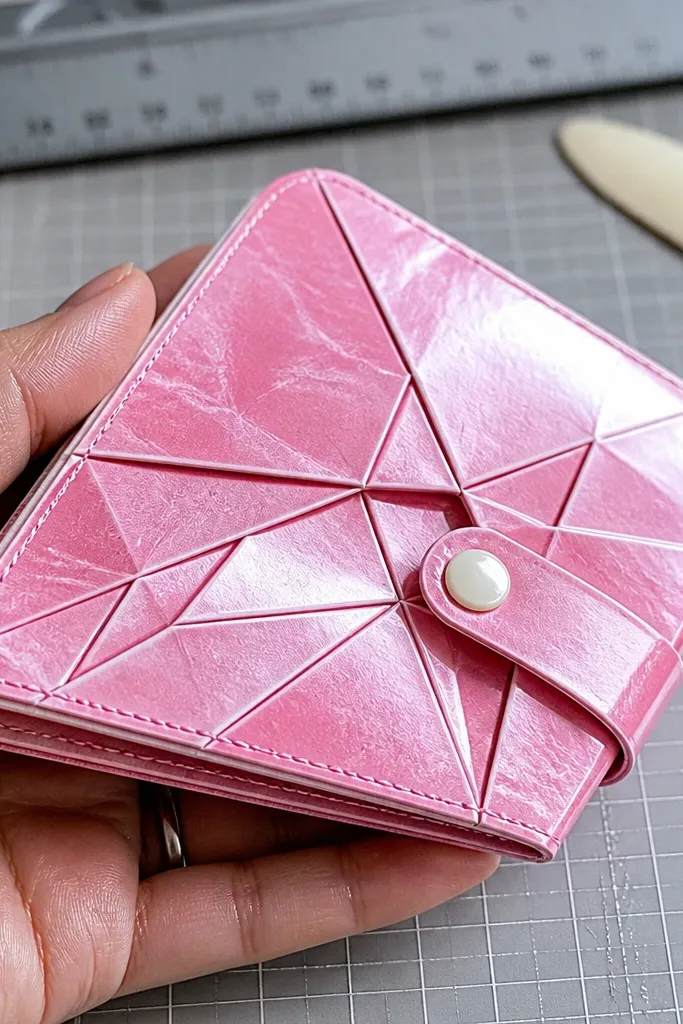 Pink Altoids wallet with laminated folded paper panels on the front and a clean closure