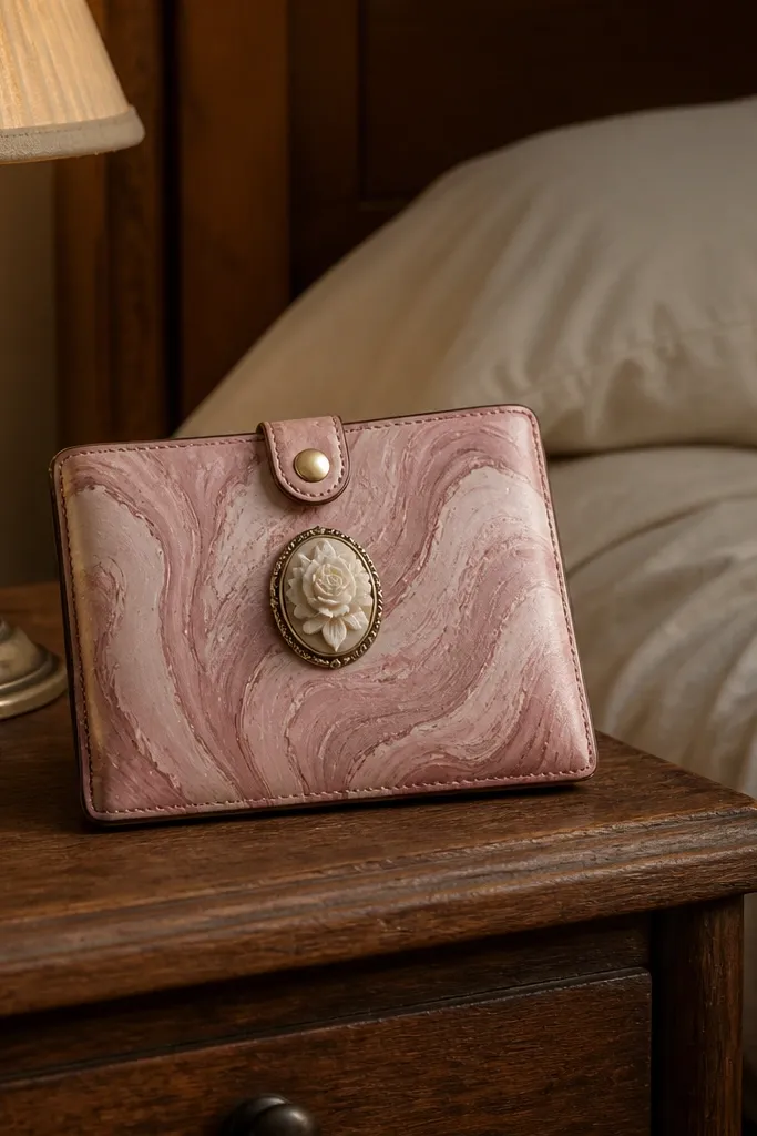 Pink marbled polymer clay flower accent on a pink Altoids wallet front