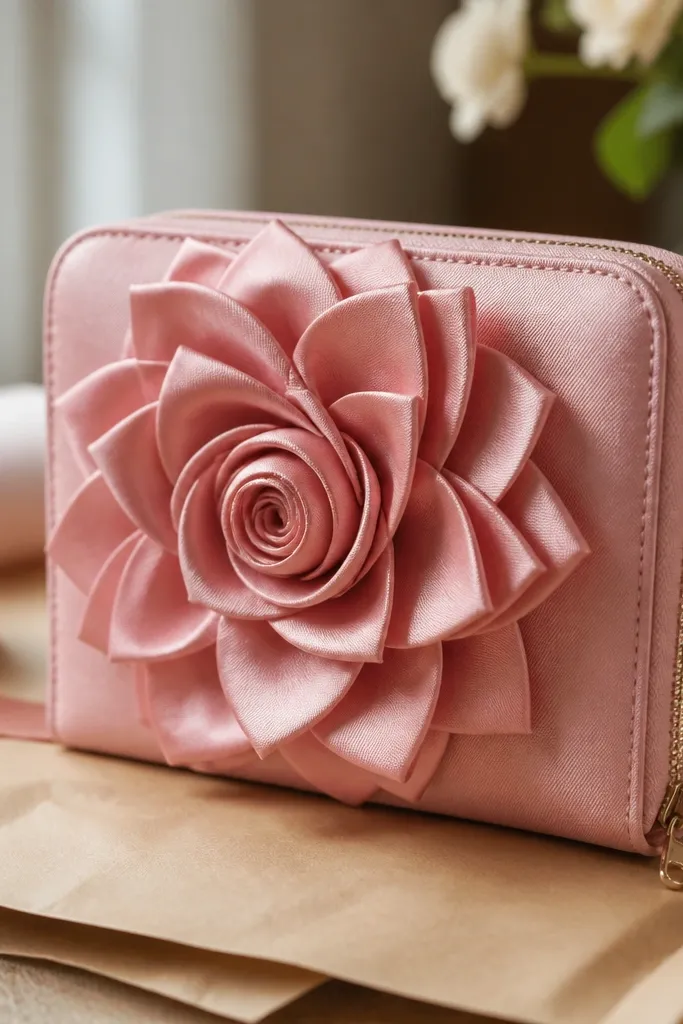 Pink ribbon rosette on a pink Altoids wallet with a tidy split-edge lining