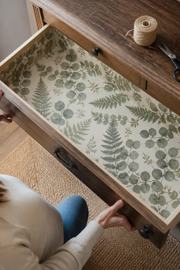 Muted botanical leaves pattern in brown and olive tones with light aging marks