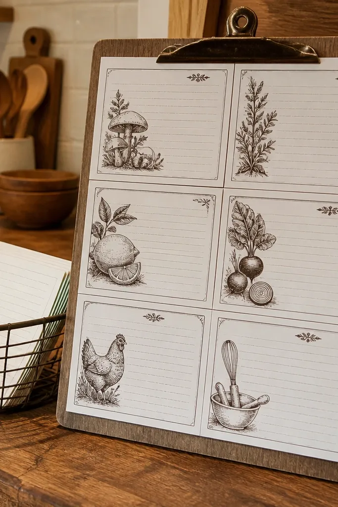 Old recipe cards in sepia with boxed sections and handwritten-style text