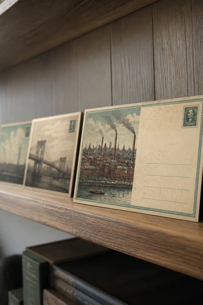 Sepia postcard designs with stamps, dates, and faded handwriting