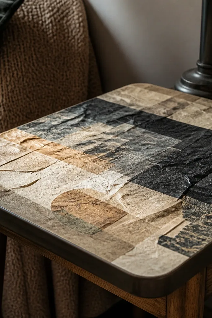 Layered crumpled paper shapes in sepia with torn edges and speckled distress