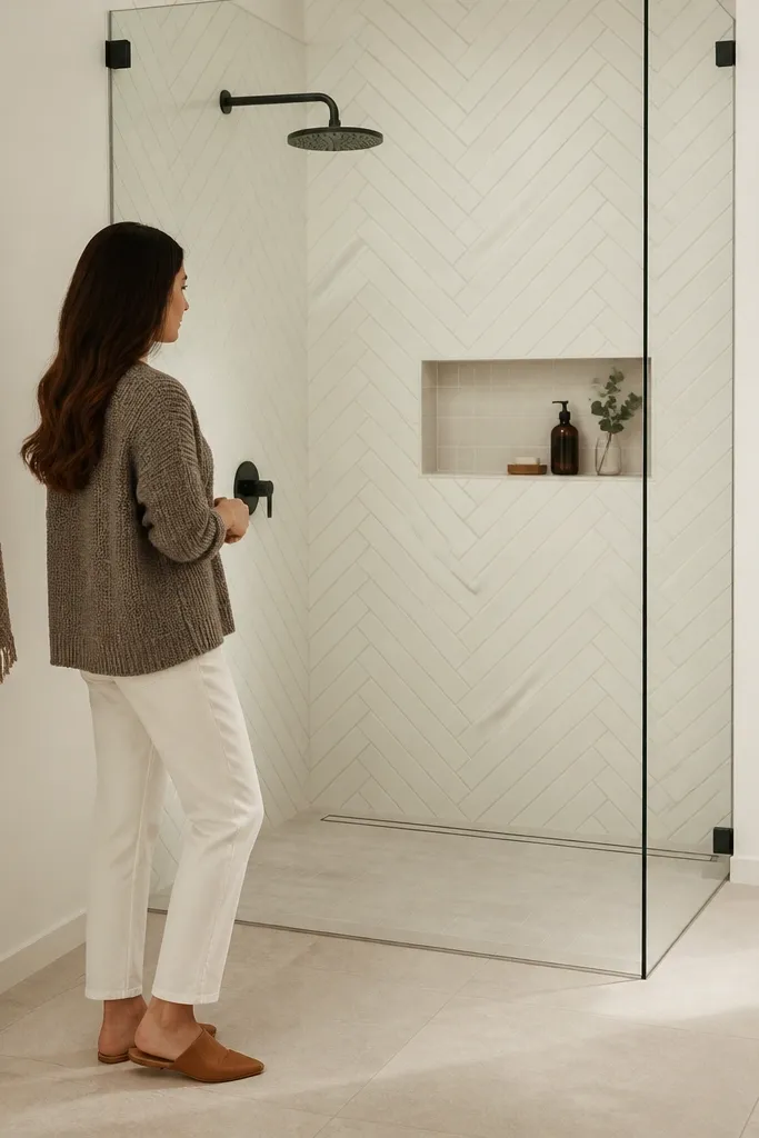 Matte white walls with a herringbone tile shower wall and a dark-framed glass panel