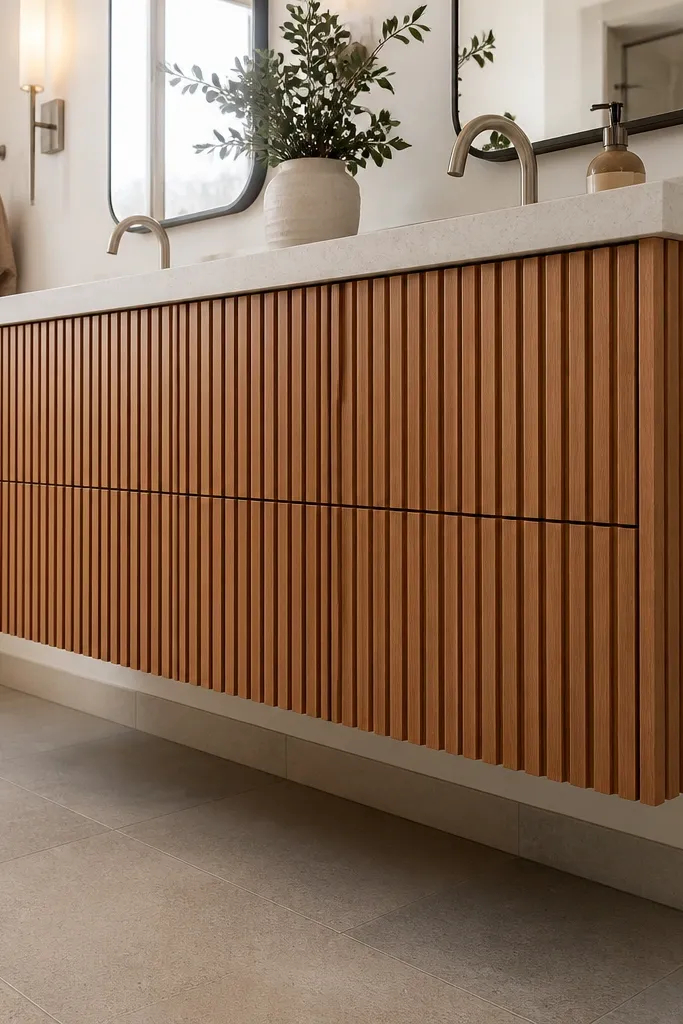 Floating vanity with warm oak slat front and a large round mirror