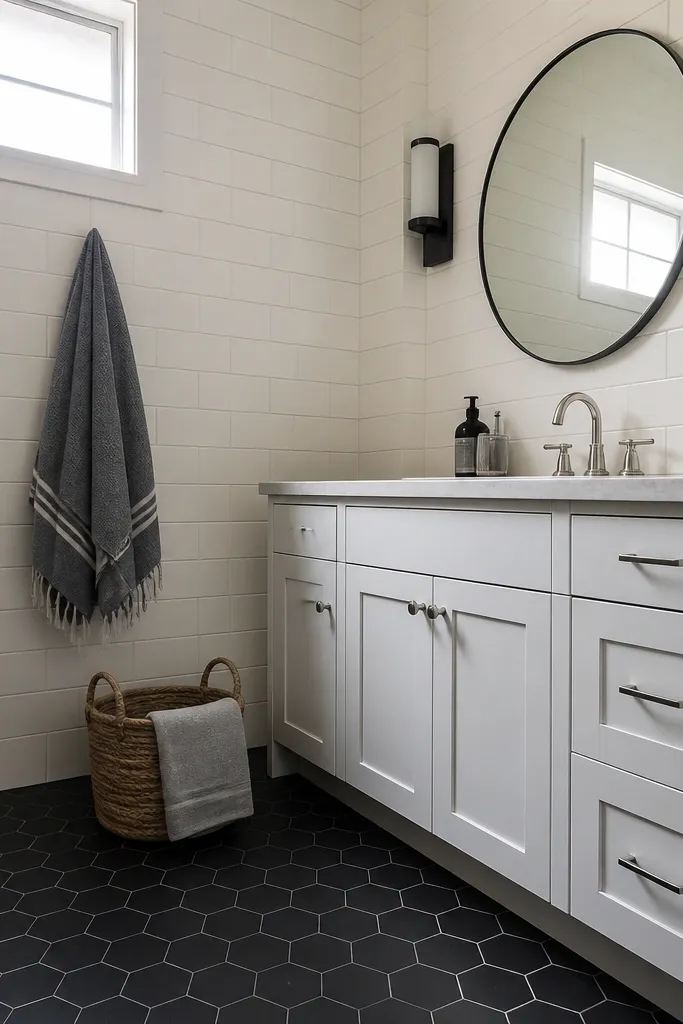 Cream subway tile walls with a black hexagon floor and a white vanity
