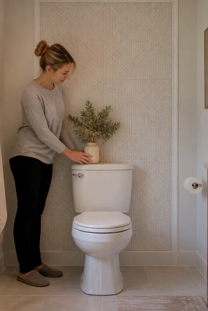 Textured wallpaper-look panel behind toilet with white wainscoting trim