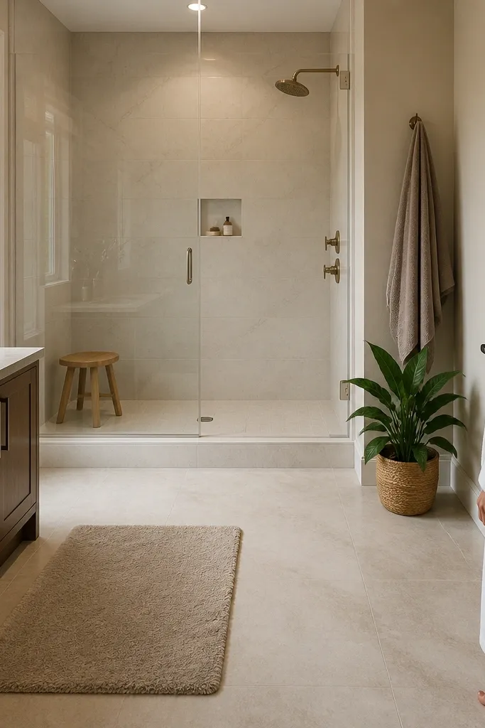 Large-format light stone-look porcelain floor with a simple white shower surround