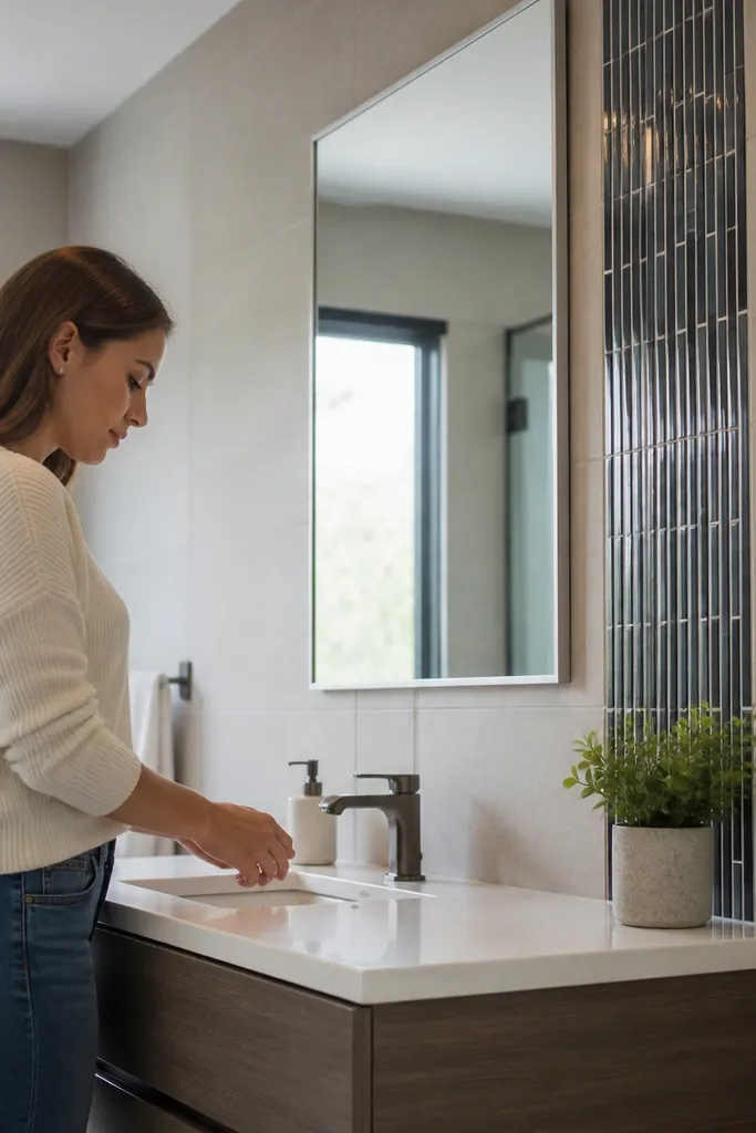 Light wall tile with a narrow vertical stripe behind the vanity