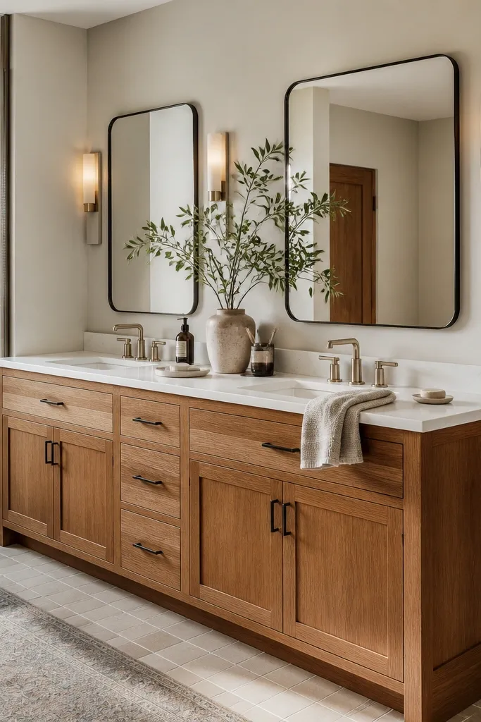 White countertop with wood base vanity and a large rectangular mirror