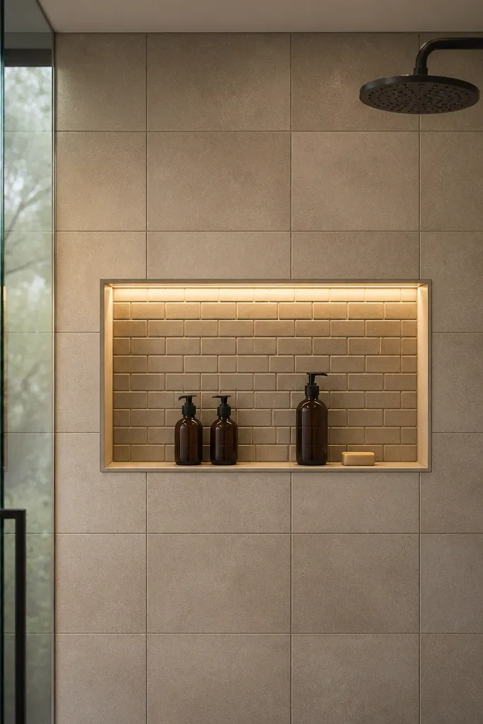 Shower niche with subtle LED strip lighting and a light tile surround