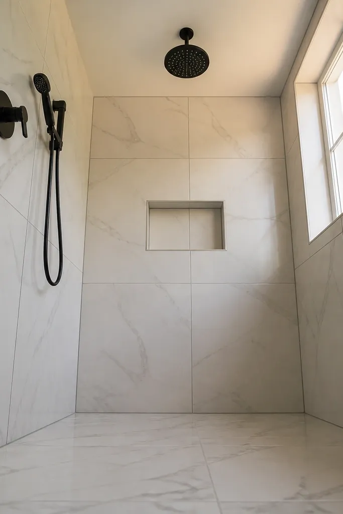 Matte black rain shower head and marble-look light tiles in the shower