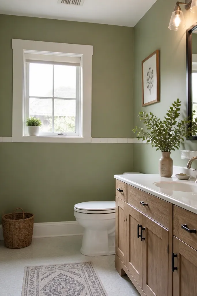 Soft sage green walls with a white tile border and a white tub surround