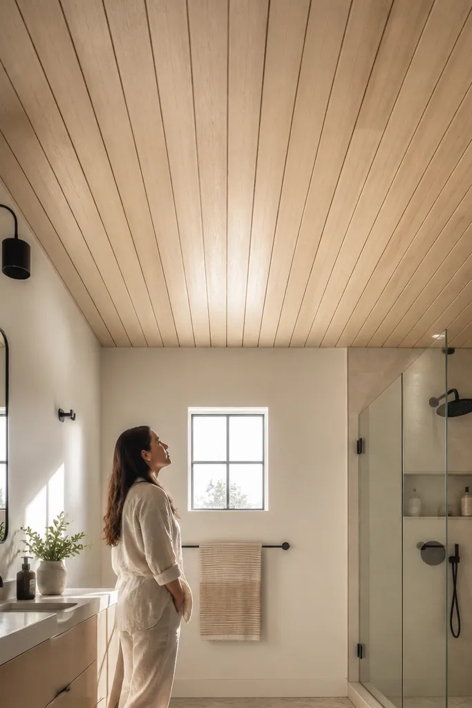 Warm white shiplap ceiling above a white vanity and light tile floor