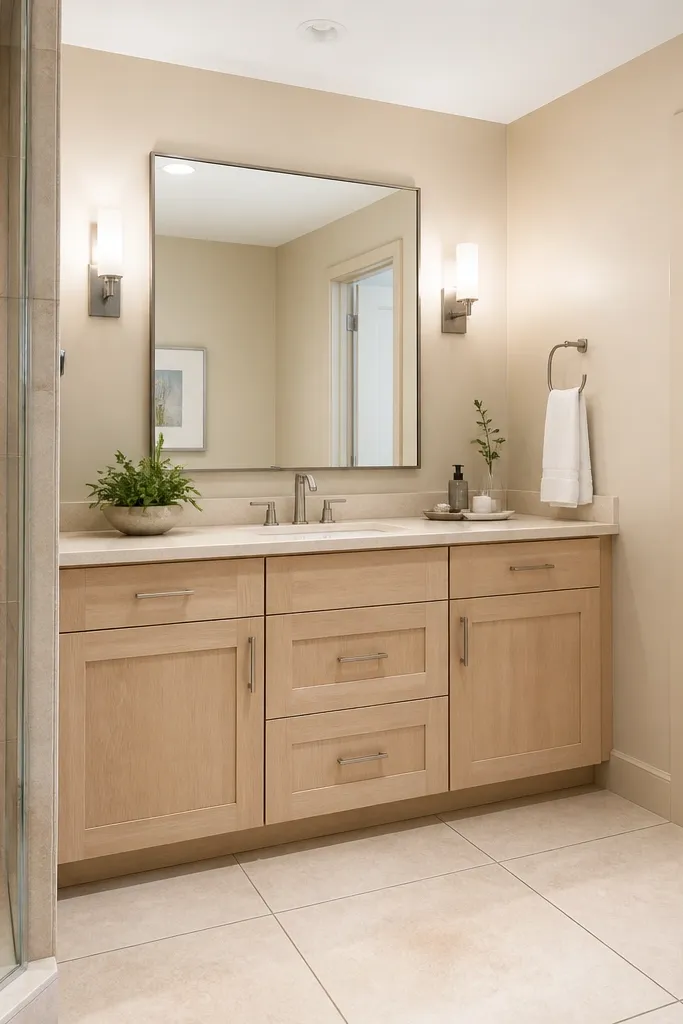 Beige wall tile with dark grout lines and a light wood vanity