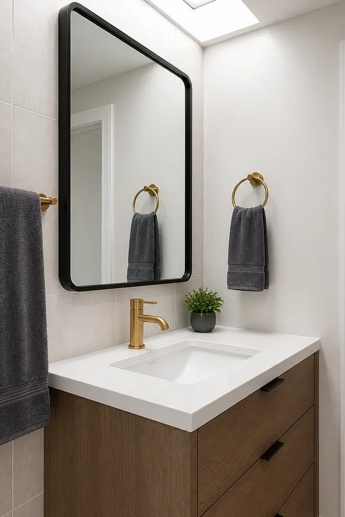 Black framed mirror above a white vanity with gold faucet and towel bar