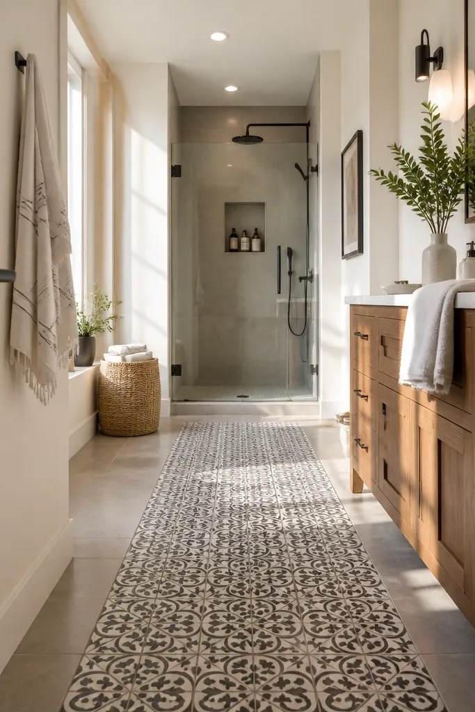 Small bathroom floor with patterned tile area leading from entry toward vanity