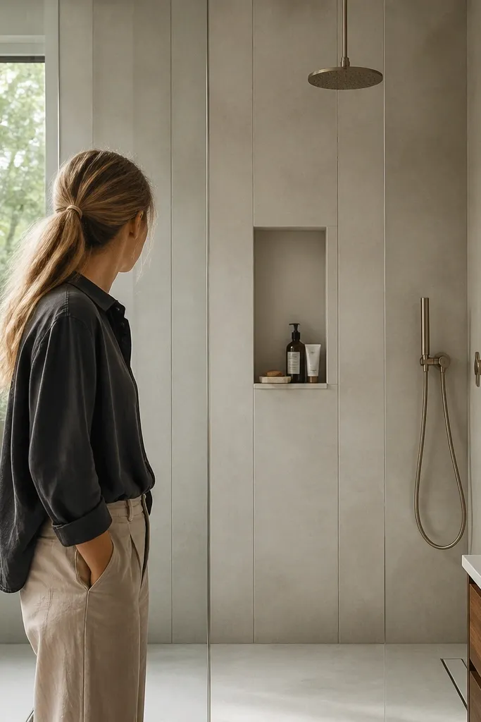 Vertical wall slabs inside a shower with a frameless glass panel
