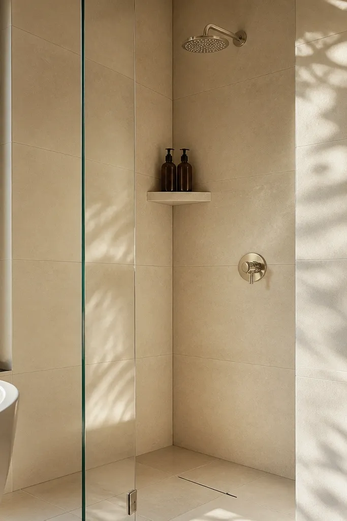 Corner shower shelf with tile backing and a light floor with warm accents