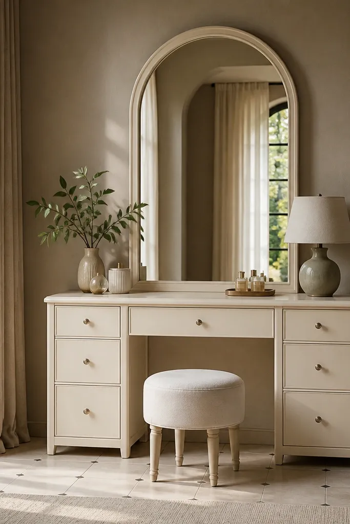 Cream vanity with arched mirror and soft beige walls