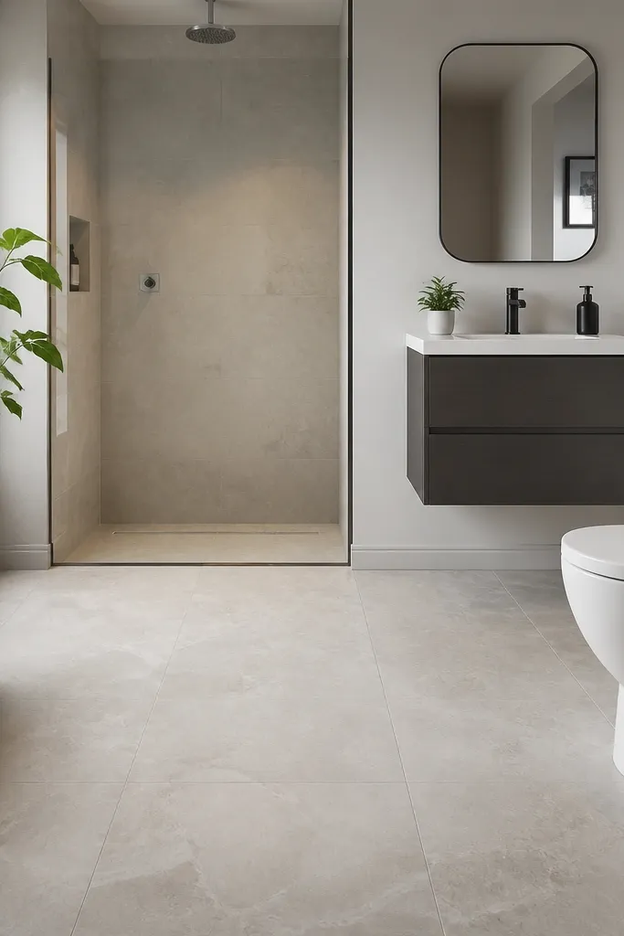 Curbless shower area with linear drain and light stone-look tile