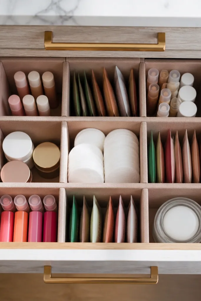 White fabric-covered divider grid inside a vanity drawer