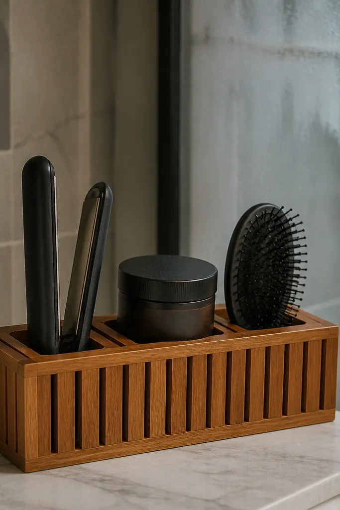 Light wood slat vanity organizer with square compartments