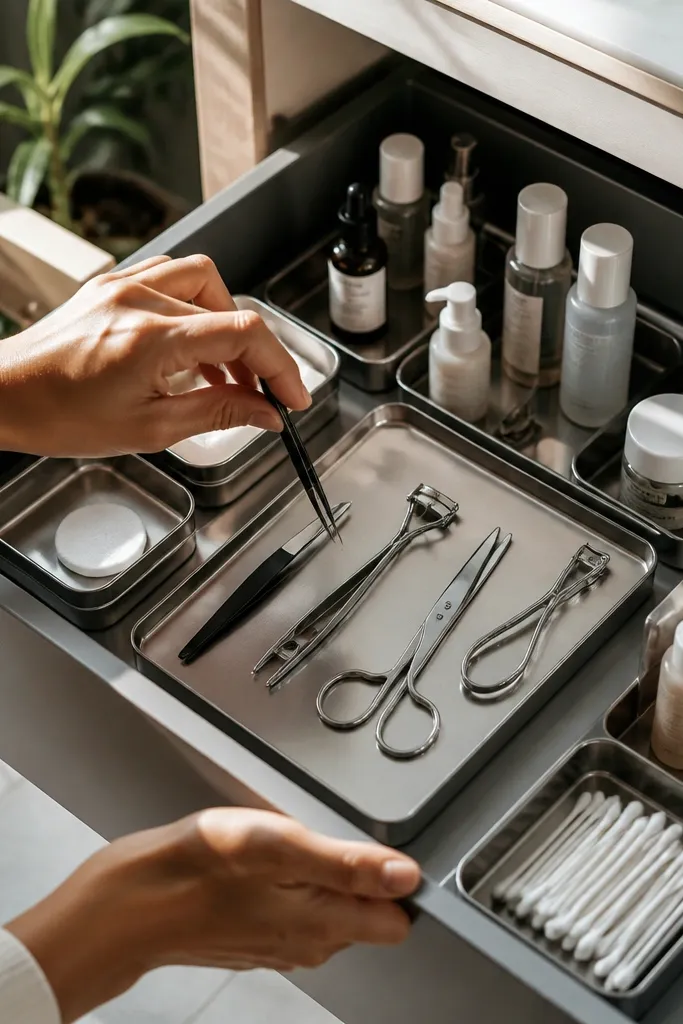 Small magnetic trays lined up in a vanity drawer with neat labels