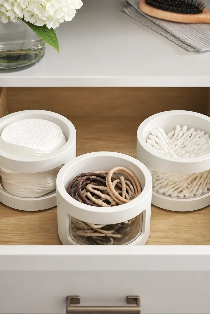 Chalk-painted round catchalls with clear bands in a vanity drawer