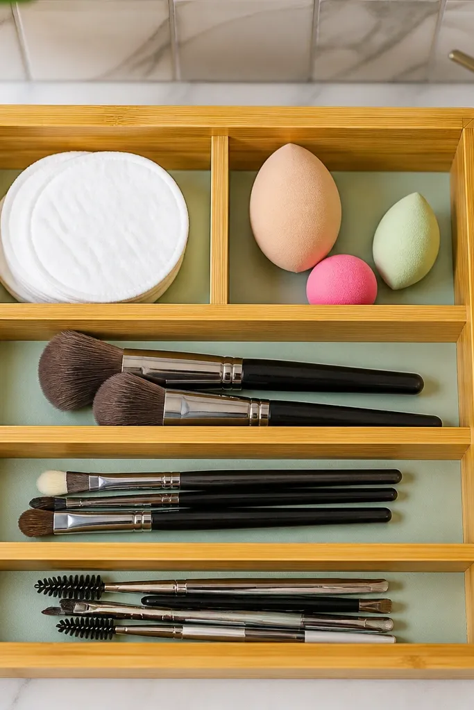 Bamboo divider frame with white wipe-clean liners in a vanity drawer